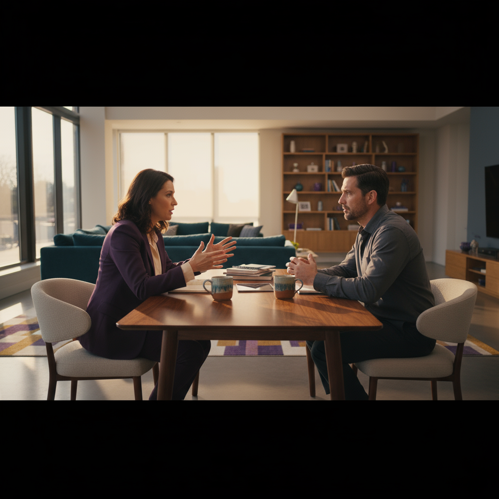 Couple seated facing each other engaged in structured conversation with coffee cups on table between them, afternoon light streaming through windows