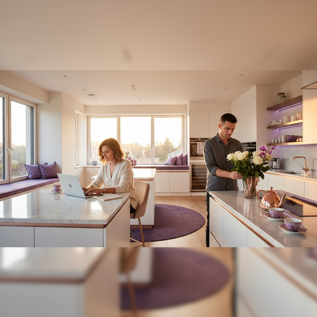 Modern kitchen scene with woman focused on laptop at island counter while man thoughtfully arranges flowers in background, golden hour lighting