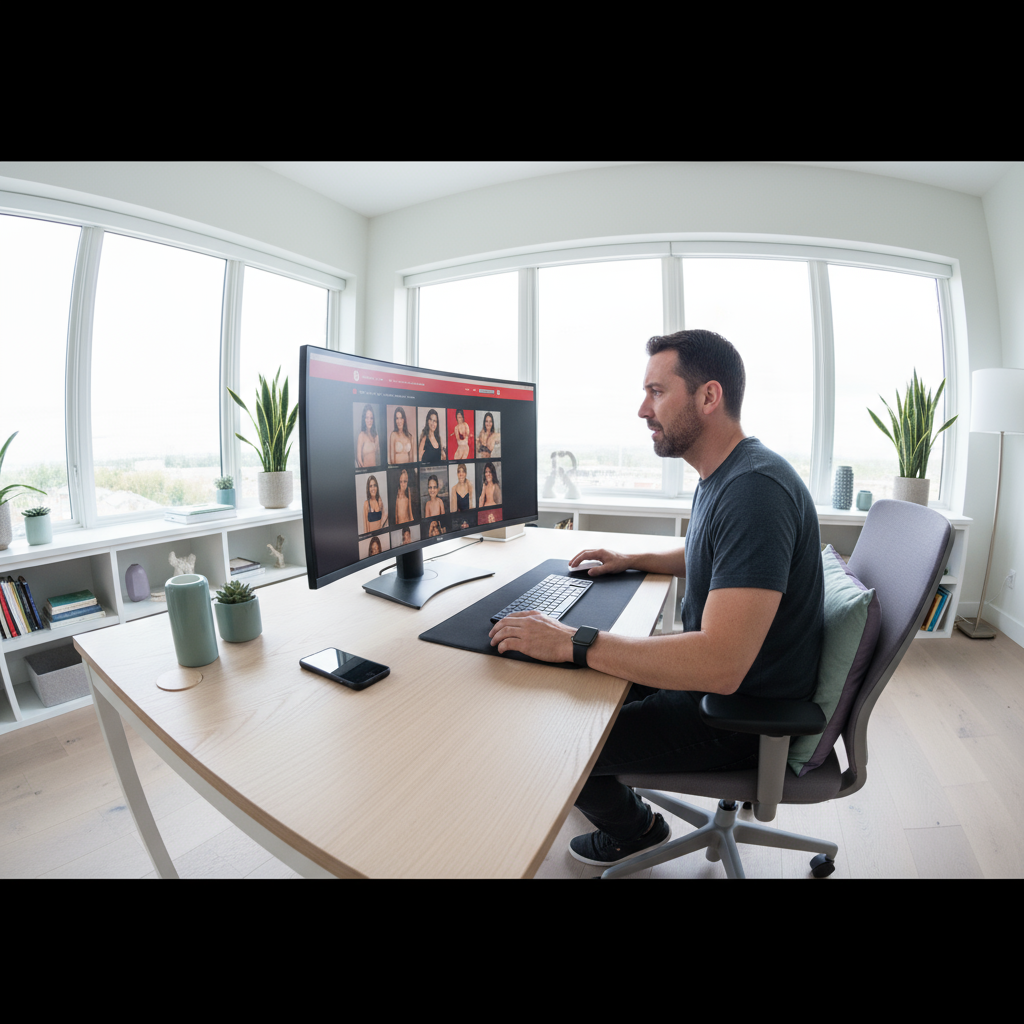 Man in bright organized home office deeply focused on work, phone face-down on desk, natural daylight flooding through windows