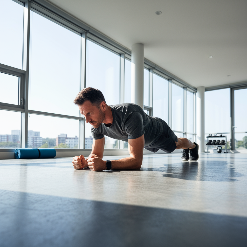 Fit man in athletic wear completing workout with perfect form in bright space with natural light, Apple Watch visible, showing determination and physical commitment