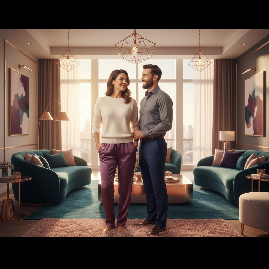 Elegant couple standing together in luxurious modern living space at golden hour - woman radiating confidence and joy in position of authority, man oriented toward her with authentic devotion, both genuinely happy